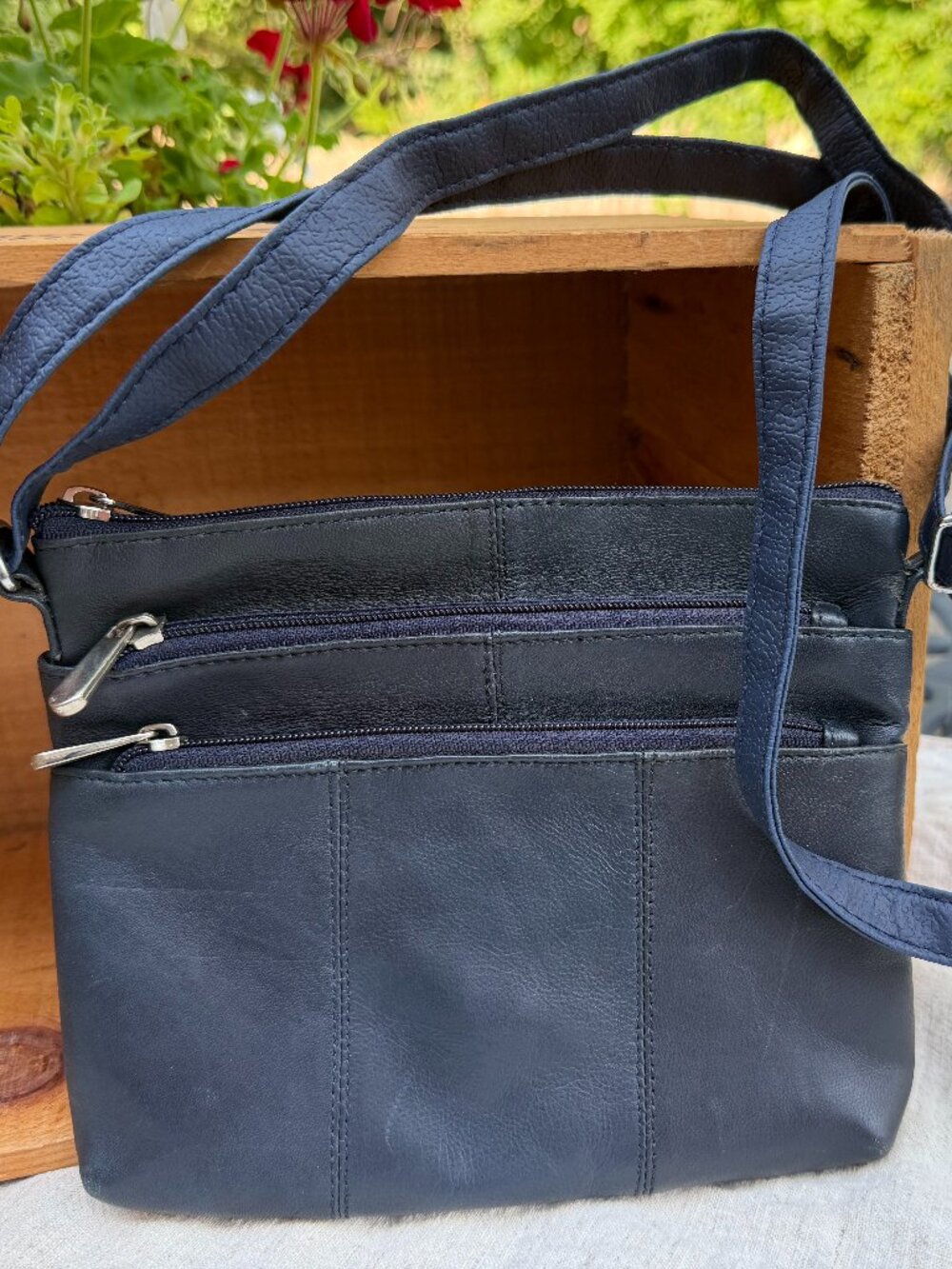 G.H. Bass & Co Multi-Zipper Leather Crossbody Bag, Navy, NWOT